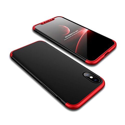iPhone X Case,iPhone 10 Cover 360 Degree Protection 3 in 1 Slim PC Cover Adamark Shockproof Shell Full Body Coverage Hard Protective Case + Tempered Glass Screen Protector For iPhone X/10(2017) (Red & Black)