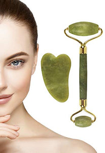 Best Jade Roller & Gua Sha Scrapping Tool Set by BRANFIT - Ultimate Skin Care Solution for Anti-Aging & Anti-Wrinkle - 100% Natural Jade Stone Face Roller is also Perfect as Neck & Puffy Eyes Massager