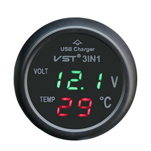 Universal Cigarette Lighter Car USB Port Cell-Phone Charger Dgtal LED Display Voltmeter Thermometer Auto Gauge 3inl 12 V 24 Volt Battery Voltage Tester Temperature Probe Meter (Green and Red)