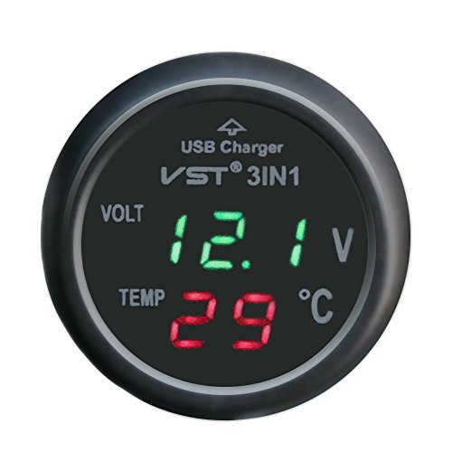 Universal Cigarette Lighter Car USB Port Cell-Phone Charger Dgtal LED Display Voltmeter Thermometer Auto Gauge 3inl 12 V 24 Volt Battery Voltage Tester Temperature Probe Meter (Green and Red)