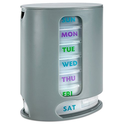 MEDca Weekly Pill Organizer, 1 Dispenser, 7 Stackable Compartments with 4 Sections - Morning, Noon, Evening, Bedtime, Grey.