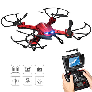 Drone with Camera, Potensic® F181DH RC Quadcopter RTF Altitude Hold UFO with Newest Hover, Stepless-speed Function, 2MP HD Camera, 5.8Ghz FPV LCD Screen Monitor& 3D Flips Function - Red