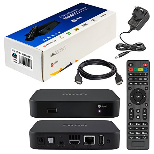 MAG 322 Original Infomir & HB-DIGITAL IPTV SET TOP BOX Multimedia Player Internet TV IP Receiver (HEVC H.256 support) successor of MAG 254 with UK Plug + HB Digital HDMI Cable