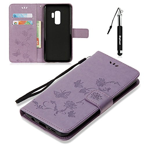 Galaxy S9 Case,S9 Leather Case Purple,Huphant Leather Wallet Case for Samsung Galaxy S9,Slim PU leather Soft Silicone Bumper Butterfly Pattern Design Stand Function Card Holder and ID Slots Shock Absorber Full Body Protection Holster Magnetic Closure Flip