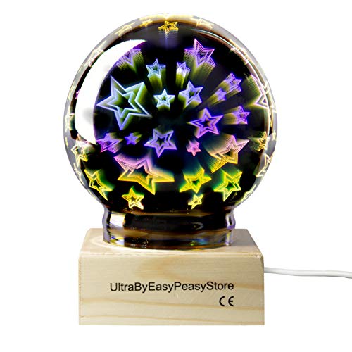 Amazing 3D Effect LED Star Night Light Projector Mains Powered Stars Glass Ball Nightlight Perfect for Nurserys or Childrens Kids Adults Bedrooms Offices Relaxing Projection Decal Electroplated Lamp