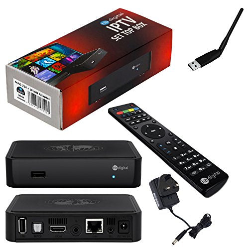 MAG 254 Original HB-DIGITAL IPTV SET TOP BOX Multimedia Player Internet TV IP Receiver with UK AC power plug + HB Digital WLAN Adapter WiFi Stick Dongle with antenna