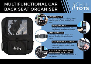 Chill Tots - Back Seat Car Organiser with 10.1" iPad / Tablet Holder Touch Screen Kids Kick Mat Seat Protector Cover Universal Fit Multi Pockets Children’s Storage - Black