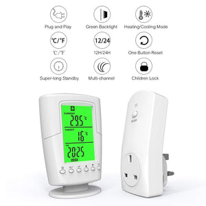 Decdeal Wireless Remote Thermostat, Smart Programmable Temperature Controller RF Plug in Socket Heating Cooling Program Temperature Controller for Heater/Cooler/Fan/Electric Fireplace Heater