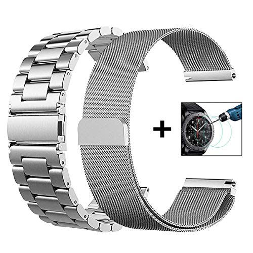 VIGOSS Samsung Galaxy Watch 46mm/Gear S3 Frontier/Classic Bands 22mm Metal Band+Milanese Loop Mesh Bracelet Strap for Gear S3 Frontier SM-R770 / Classic SM-R760+Tempered Glass (Silver Metal + Mesh)