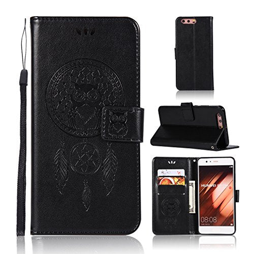 Oukety Huawei P10 Plus Case, Bookstyle Embossing Owl wind chimes Pattern Flip Case Cover with Strap Leather Case Stand Function Credit Card Slots Magnet Closure for Huawei P10 Plus -Black