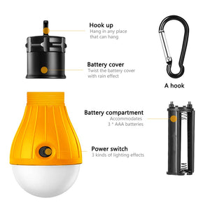 Camping Lights, DeNOME Tent Lights with Carabiner Clips - Waterproof Portable Battery Operated Emergency Tent LED Light Bulb Lamp Lantern for Outside Camping Outdoor Hiking Fishing (4 Pack)