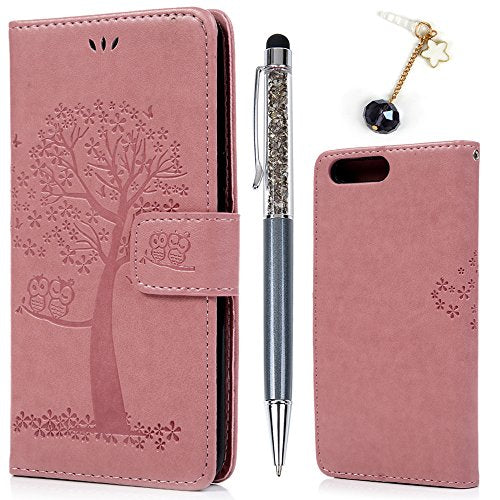 One Plus 5 Case Owl & Tree Premium PU Leather Wallet Flip Case Cover Smart Stand Case Card Slots With 1 x Touch Pen and 1x Dust Plug Phone Case for One Plus 5 - Pink