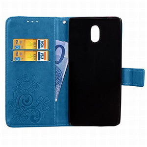 LEMORRY Nokia 3 Case Leather Flip Cover Wallet Pouch Soft TPU Slim Fit Bumper Stand Protective Magnetic Strap with Card Slot, Lucky Leaf Blue