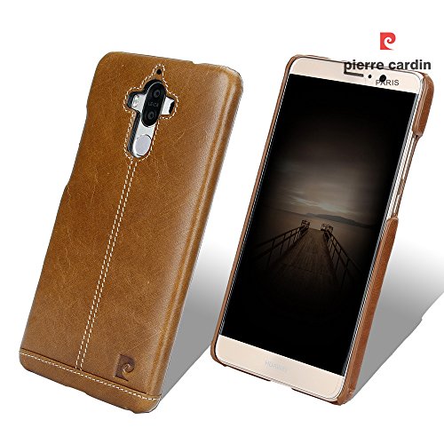 Huawei Mate 9 Case, Pierre Cardin Premium Luxurious Slim Italian Genuine Cow Leather Hard Back Cover Back Case for Huawei Mate 9 (2016), Brown