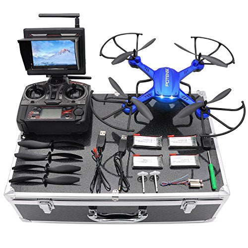 Drone with Carrying Case, Potensic® F181DH RC Quadcopter Drone RTF Altitude Hold UFO with Stepless-speed Function, 2MP HD Camera & 5.8Ghz FPV LCD Screen Monitor & Drone Carrying Case – Blue