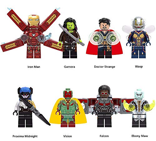 AVENGERS INFINITY WARS - Set of 8 Lego Compatible Figures - Iron Man, Gamora, Doctor Strange, The Wasp, Proxima Media Nox, Vision, Falcon, Ebony Fauce