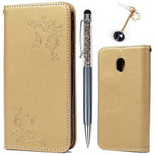 J3 2017 Case, Galaxy J3 2017 Case Butterfly Flower Soft PU Leather Wallet Flip Case Cover Smart Stand Case & 1 x Touch Pen & 1x Dust Plug Phone Case for Samsung Galaxy J3 2017 - Gold