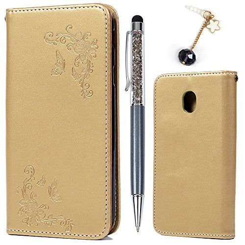 J3 2017 Case, Galaxy J3 2017 Case Butterfly Flower Soft PU Leather Wallet Flip Case Cover Smart Stand Case & 1 x Touch Pen & 1x Dust Plug Phone Case for Samsung Galaxy J3 2017 - Gold