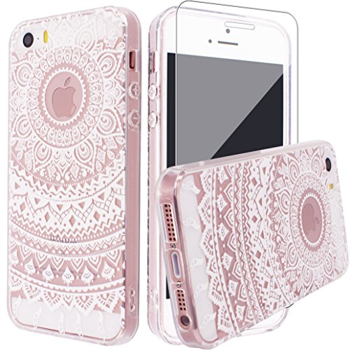 iPhone SE Case, iPhone 5 5s Silicone Case [with Tempered Glass Screen Protector], Yoowei® Crystal Clear Tribal Henna Mandala Floral Totem Series Protective Case for iPhone SE/5/5s