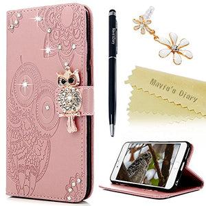 iPhone 6S Case ,iPhone 6 Case 4.7"- Mavis's Diary Bling Sparkly Gems Premium Wallet Case PU Leather Flip Cover [Owl Embossed] with Inner Rubber Back Holder Magnetic Clip & ID/Credit Card Holders/Stand Case with Dust Plug & Stylus for iPhone 6S/6 - Rose Go