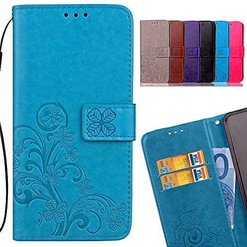 LEMORRY Nokia 3 Case Leather Flip Cover Wallet Pouch Soft TPU Slim Fit Bumper Stand Protective Magnetic Strap with Card Slot, Lucky Leaf Blue
