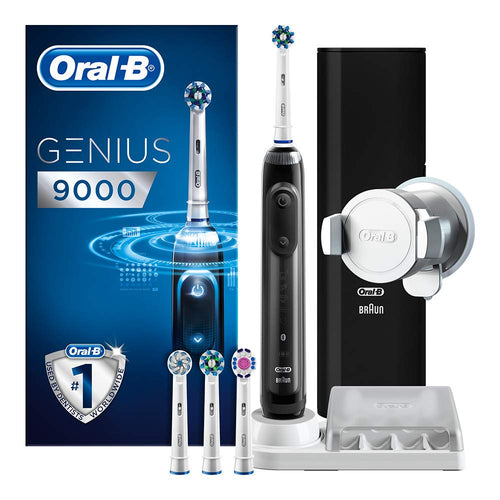 Oral-B Genius 9000 CrossAction Electric Toothbrush, 1 Black App Connected Handle, 6 Modes with Sensitive and Gum Care, Pressure Sensor, 4 Toothbrush Heads, 1 USB Travel Case, 2 Pin UK Plug
