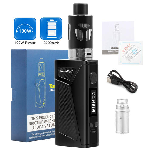 E Cigarette Starter Kit, YumaPuff Falcon 100W Vape Box Mod kit, Rechargeable 2000mAh Battery with OLED Screen Display, 0.5ohm/ 2.0ml Sub-Ohm Vape Tank, No Nicotine, No E Liquid