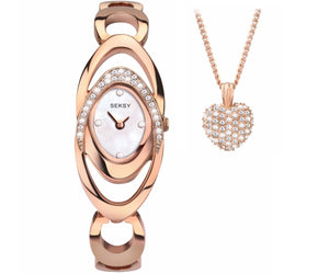 Seksy Entwine White MOP Dial Rose Gold Bracelet Ladies Watch with Pendant 2359G