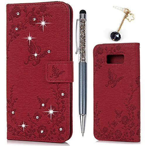 S8 Case, Galaxy S8 Case Butterfly & Flower Bling PU Leather Wallet Flip Case Cover Smart Stand Case Card Slots With 1 x Touch Pen and 1x Dust Plug Phone Case for Samsung Galaxy S8 - Red