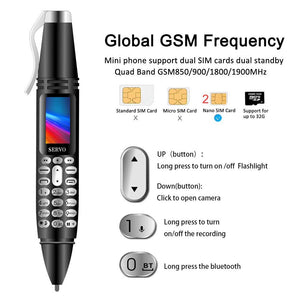 Pen Style Mini Cellphone Tiny Screen GSM Dual SIM Bluetooth Dialer Mobile Phone with Camera (Black)