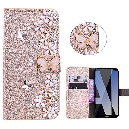 Glitter Wallet Case for Huawei Mate10 Pro,Xifanzi Huawei Mate 10 Pro Gold Glitter Luxury Magnetic Bling Glitter PU Leather Flip Case Wallet Plating Back Protective Bumper Cover For Huawe Mate 10 Pro ,Kickstand ,Magnetic , Book style,3D Diamond Butterfly F