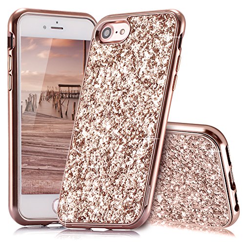 iPhone 7 Case,iPhone 8 Case Glitter,Qbily iPhone 7 Case Luxury Sparkle Bling Glitter Phone Case Shockproof Ultra Slim Anti-Scratch Hard PC Bumper Back Cover for Apple iPhone 7 / iPhone 8 Rosegold