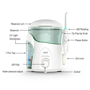 Water Flosser with UV Sterilizer THZY 600ml High-Volume Reservoir Professional Family Oral Irrigator with Adjustable Pressure Setting，Dental Flosser with 7 Tips for Multiple Use