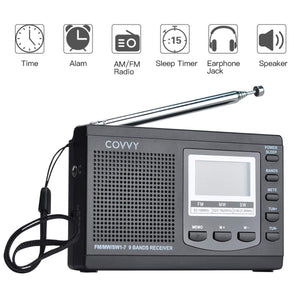 COVVY AM/FM SW1-7 9 Band Portable Radio Receiver with Loud Speak and Earphone, Excellent Reception 12/24H Time Display Digital Radio, Backlight, Sleep, Ascending Alarm, Battery Operated