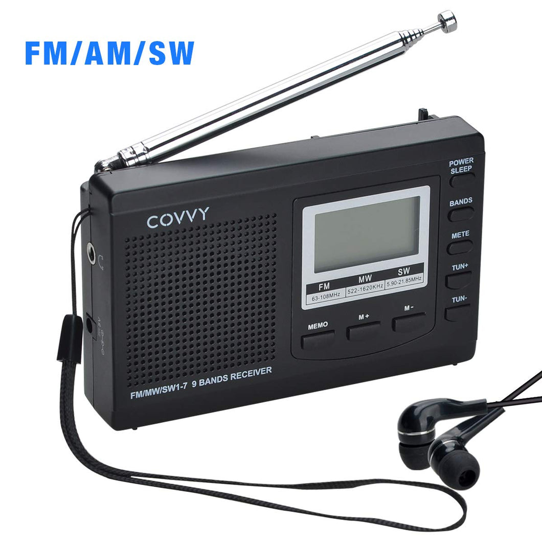 COVVY AM/FM SW1-7 9 Band Portable Radio Receiver with Loud Speak and Earphone, Excellent Reception 12/24H Time Display Digital Radio, Backlight, Sleep, Ascending Alarm, Battery Operated