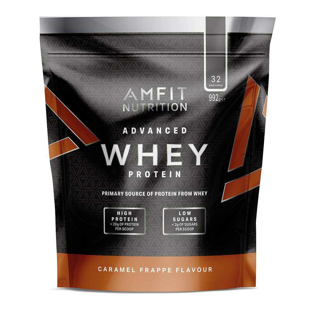 Amazon Brand- Amfit Nutrition - Advanced Whey Protein Powder Caramel Frappe, 32 Servings, 992 g