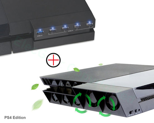 PS4 Cooling Fan & USB Hub Combo Kit - ElecGear Auto Temperature Controlled Cooler, 5-Port 3.0 USB Extension Adapter for PSVR Headset, Controller, Hard Drive Storage, Charger Extender for PlayStation 4