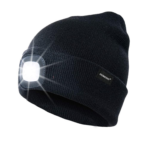 Oumeiou New Warm Bright LED Lighted Beanie Cap Unisex Rechargeable Headlamp Hat Multi-color (Black)