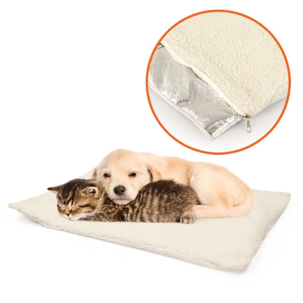 Petlicity ® Self Heating Pet Bed - Super Soft Non Slip Sheepskin Self Warming Cushion Mat for Cats Dogs Small Pets with Thermal Warming Body Heat Reflecting Core Pad and Washable Zipped Fleece Cover