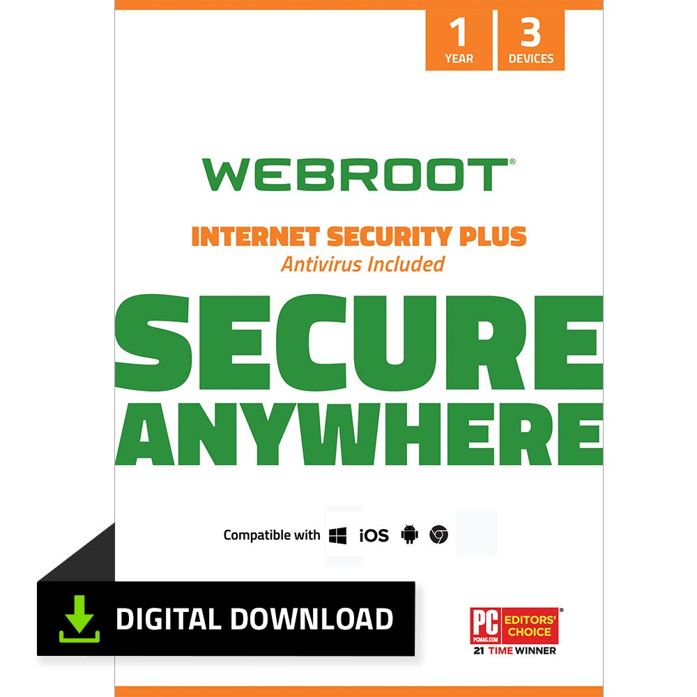 Webroot Internet Security Plus with Antivirus Protection | 3 Device | 1 Year Subscription | PC Download