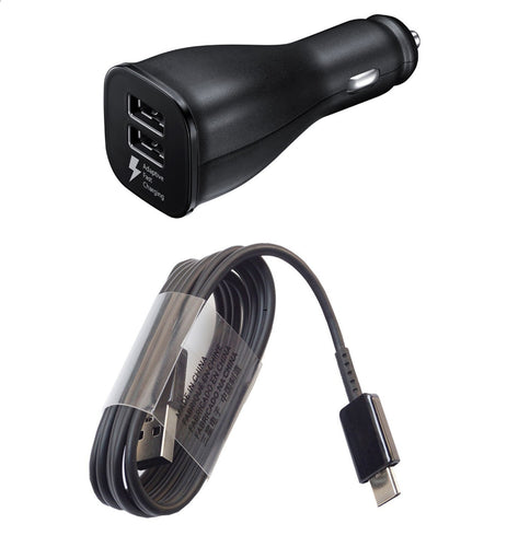 Dual 2-PORT Black Genuine Samsung Adaptive Fast In Car Charger With TYPE C Cable For Samsung Galaxy S8 / S8 Plus / Galaxy A5 (2017), A7 (2017) (No Retail Packaging)