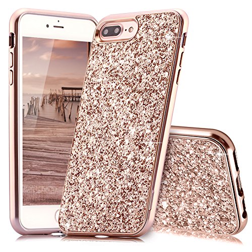 iPhone 7 Plus Case,iPhone 8 Plus Case Glitter,Qbily iPhone 7 Plus Case Luxury Sparkle Bling Glitter Phone Case Shockproof Ultra Slim Anti-Scratch Hard PC Bumper Back Cover for Apple iPhone 7 Plus / iPhone 8 Plus Rosegold