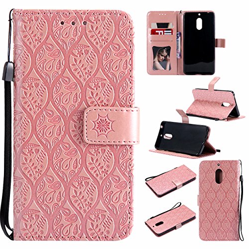 Case for Nokia 6 Leather Flip Case Cover, Premium Embossed Leaves Flower Pattern Wallet Design with Card Holder Folding Kickstand Magnetic Wrist Strap Slim Flip Book Style Shell Case for Nokia 6, Hancda Wallet PU Leather Case with Silicone TPU Bumper Cove