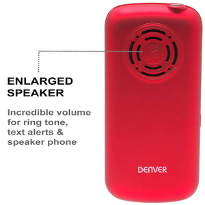 Denver BAS-18250M Senior Big Button Mobile Phone - 2-3 Week Battery, Extra Loud Speaker, Easy ON/OFF Bright Torch, Talking Keypad, Bluetooth, Emergency SOS Button, Speed Dial - Red