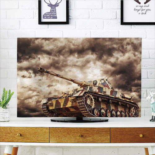 LCD TV dust Cover Strong Durability,War Home Decor,German Tank in Action with Dark Storm Clouds Dangerous Weapon Concept of Battle,Brown Dust,Picture Print Design Compatible 70