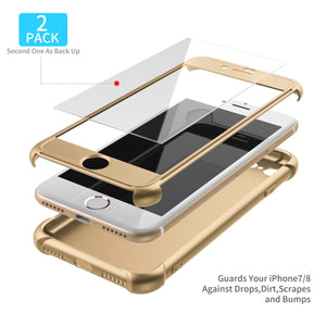 iPhone 7 Case, iPhone 8 Case, with[2 x Tempered Glass Screen Protector] ORETech 360 Shockproof iPhone 7/8 Cover Ultra-Thin Anti-Scratch Hard PC + Silicone TPU Bumper Rubber iPhone 7/8 Case - Gold