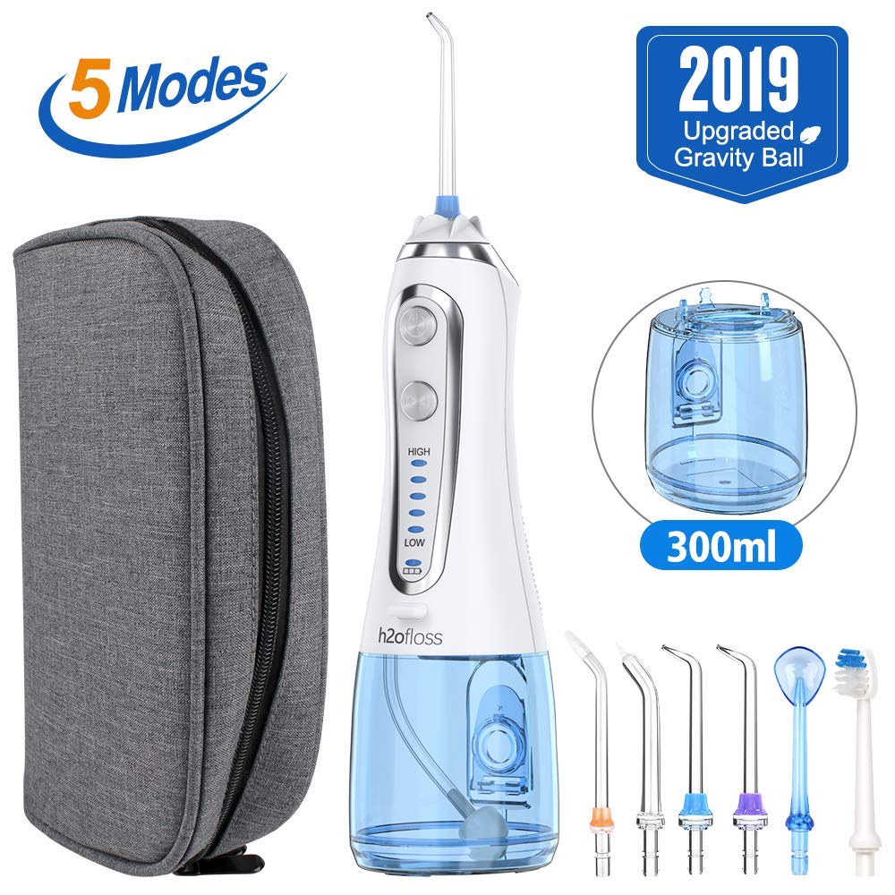 Nobebird Cordless Dental Water Flosser, 300ML Oral Irrigator with 6 Jet Nozzles and 5 Clean Modes, Gravity Ball Design and Handy Cosmetic Bag for Home Travel[2019 New Upgrade]