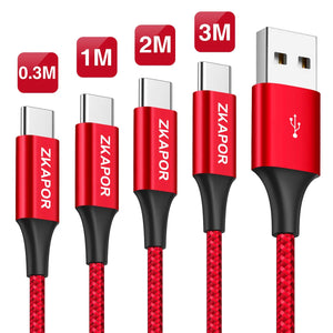 USB C Cable, ZKAPOR [4-Pack 0.3M+1M+2M+3M] USB Type C Fast Charger Charging Cable Nylon Braided for Samsung Galaxy S10 S9 S8 A40 A50, Huawei P30 P20, Moto G7, OnePlus 7T, Google Pixel, Sony Xperia