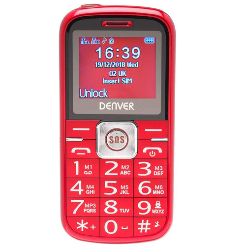 Denver BAS-18250M Senior Big Button Mobile Phone - 2-3 Week Battery, Extra Loud Speaker, Easy ON/OFF Bright Torch, Talking Keypad, Bluetooth, Emergency SOS Button, Speed Dial - Red