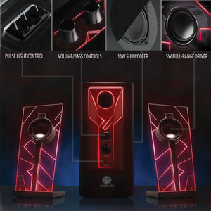 GOgroove BassPULSE 2.1 LED Satellite Stereo PC Computer Gaming Speakers with Red Glow Lights, Bass Controls and Powered Subwoofer - Compatible with PC, Mac, Desktop, Laptop and More Multimedia Devices